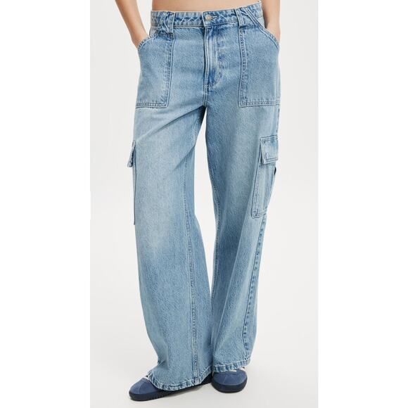 Cotton On Relaxed Cargo Jean Women 6 Blue Light Wash Y2K Wide Leg Pockets Casual - Picture 1 of 11